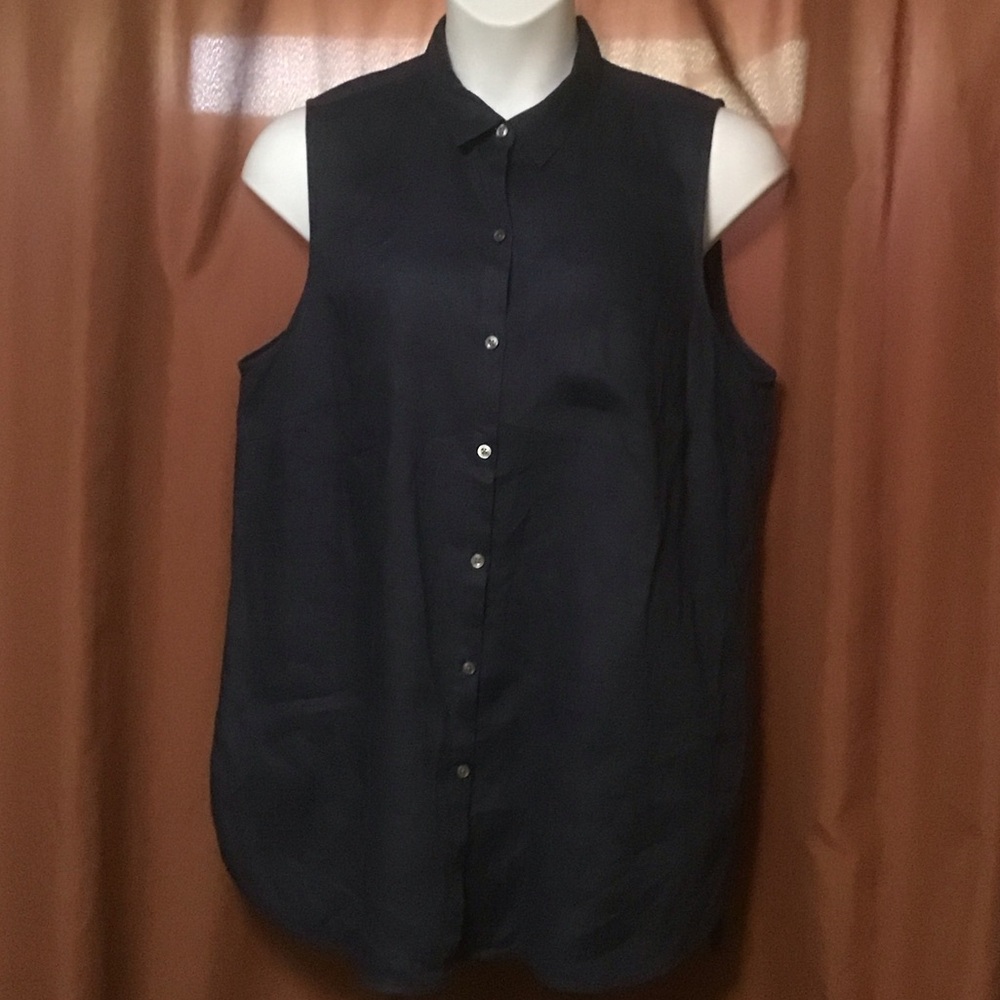 J. Jill Deep Blue Sleeveless Linen Button Down Shirt